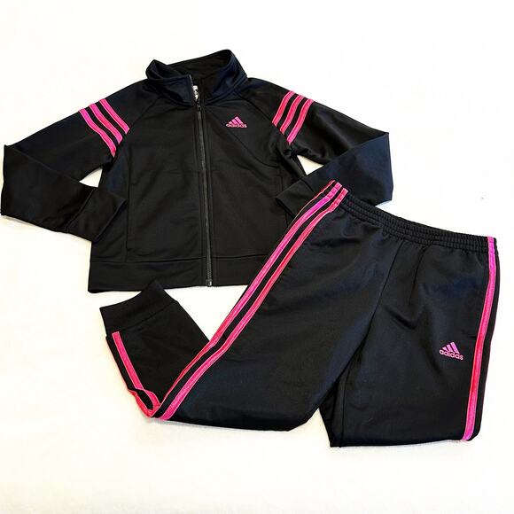 Black and Pink Adidas Track Suit sz 6 Girls Adidas Sweatsuit Matching Set - Picture 1 of 8